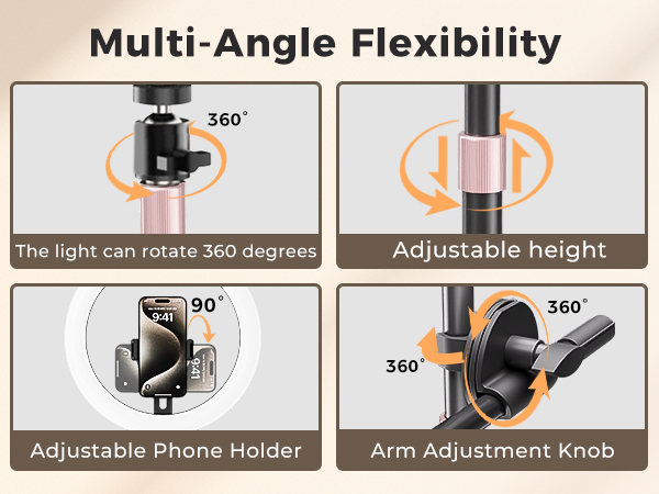 Adjust the 11&amp;#34; ring light to any angle in seconds with a smooth joint (0-90° tilt, 360° rotation).