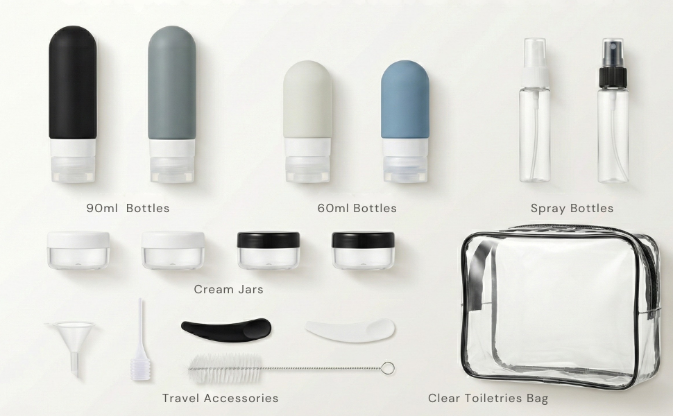 Collection of product design elements showing various bottle caps, closures, and travel accessories in white and blue colors on light background.