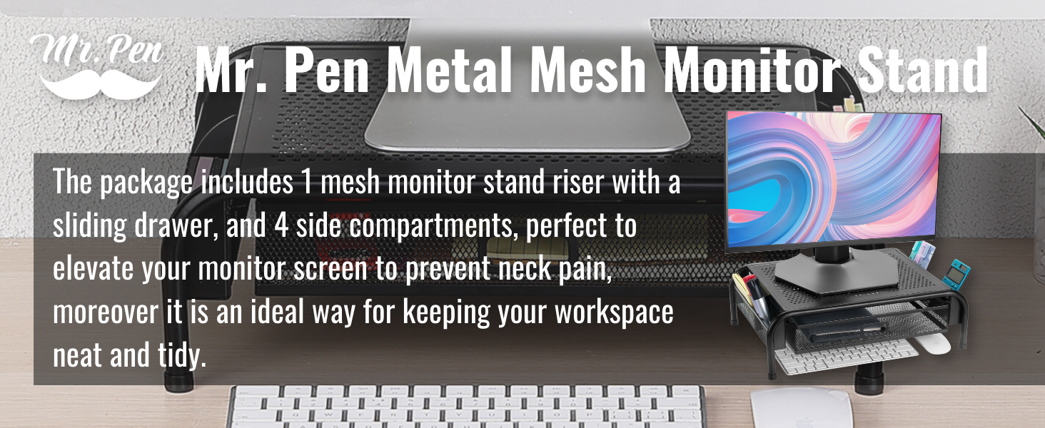 Mr. Pen- Metal Mesh Monitor Stand with Drawer, Computer Monitor Stand for Desk