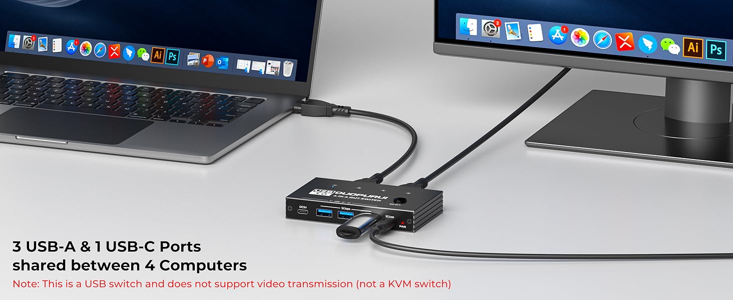 The usb switch for 4 computers provides one USB-C port and three USB-A ports.