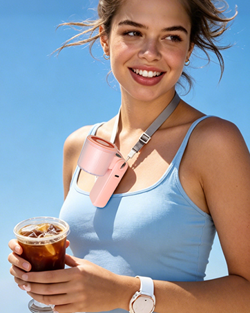 Young woman outdoors against blue sky holding beverage, wearing light blue sleeveless top with pink cooling pad attached to neck/shoulder area.