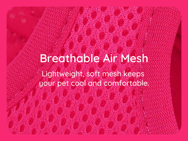 Close-up of bright pink mesh fabric with honeycomb pattern texture, labeled as 'Breathable Air Mesh' for pet comfort.