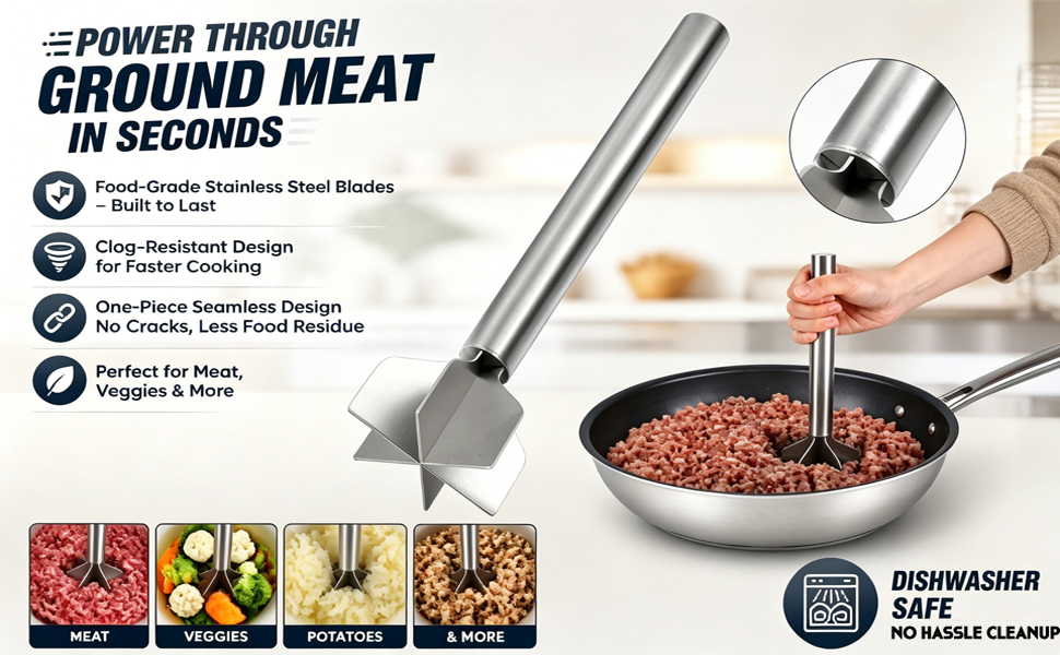 stainless steel meat chopper, stainless steel meat masher, stainless steel ground beef masher