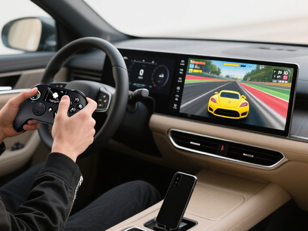 A person in the car uses our wireless controller to enjoy the car screen game
