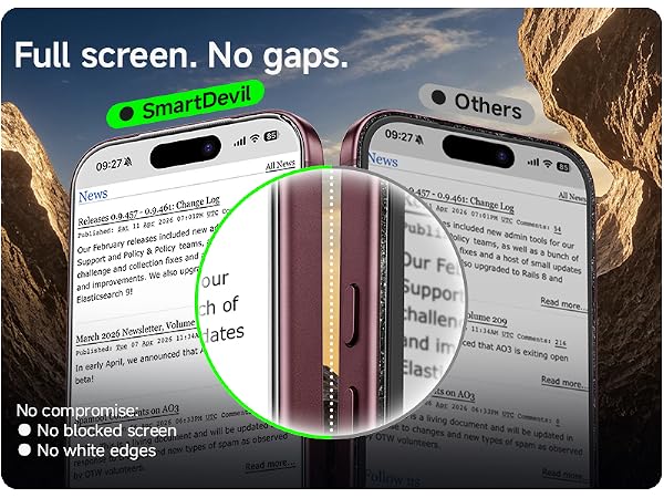 Text reads 'Full screen. No gaps.' with green checkmark and '? Full Closure' label. Product boxes with magnified circular detail of closure edge, noting 'No compression' and 'No blocked seams'.