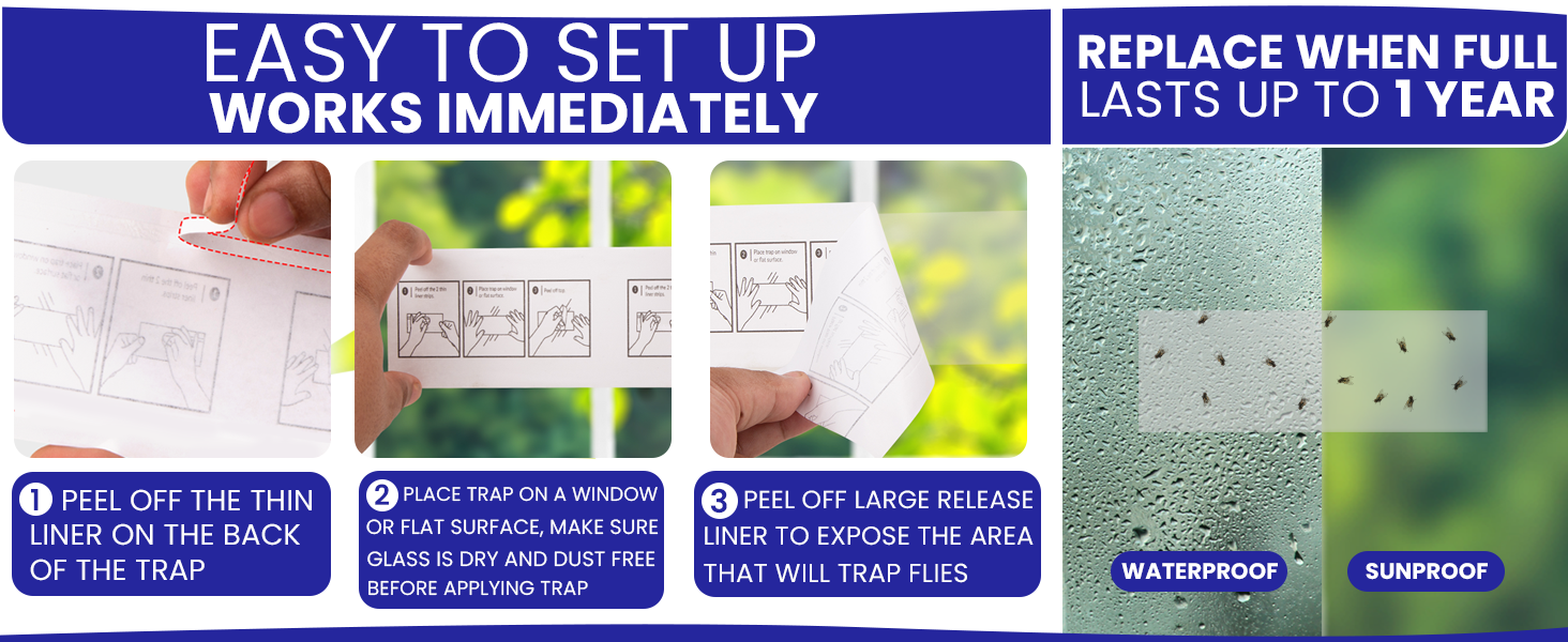 Easy to set up sticky fly traps for indoors. Work immediately. Replace after 1 year or when full.