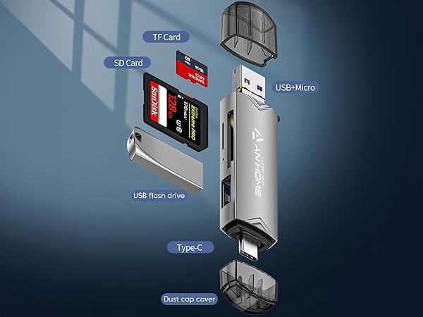 AnHome SD Card Reader, 6 in 1 OTG Connector USB 3.0/USB C/Micro USB Supports SD/Micro SD