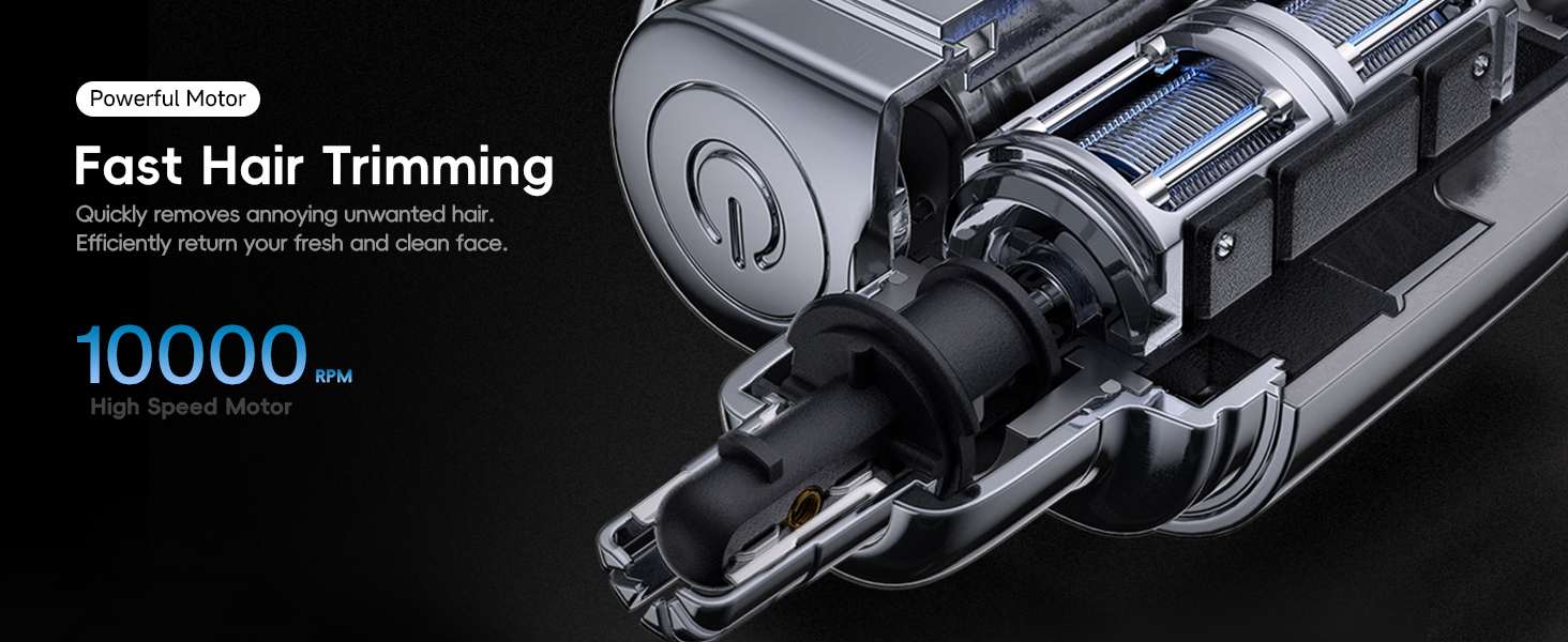 Close-up of electric hair trimmer mechanism showing metal blades and motor components. Text indicates 10000 RPM and fast hair trimming capabilities.