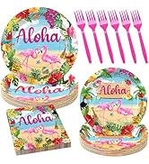 Aloha Party Tableware Supplies, 96PCS Hawaiian Luau Paper Plates and Napkins Forks for Summer Tik...