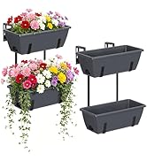 Deck Railing Planter Boxes 2 Tier Grey Window Boxes Planters Set of 2 with 4 Pack Rectangular Pla...