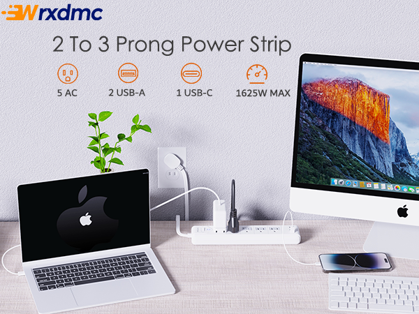 2 Prong Power Strip, WRXDMC 2 Prong to 3 Prong Outlet Adapter, 1400J Two Prong Surge Protector