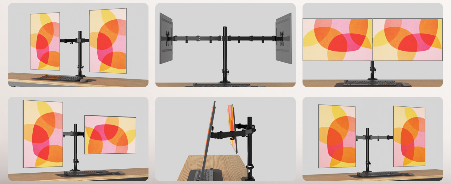 Dual monitor stand displaying colorful abstract art prints. Multiple views show adjustable arms and mounting options for two screens on a desk or tabletop.