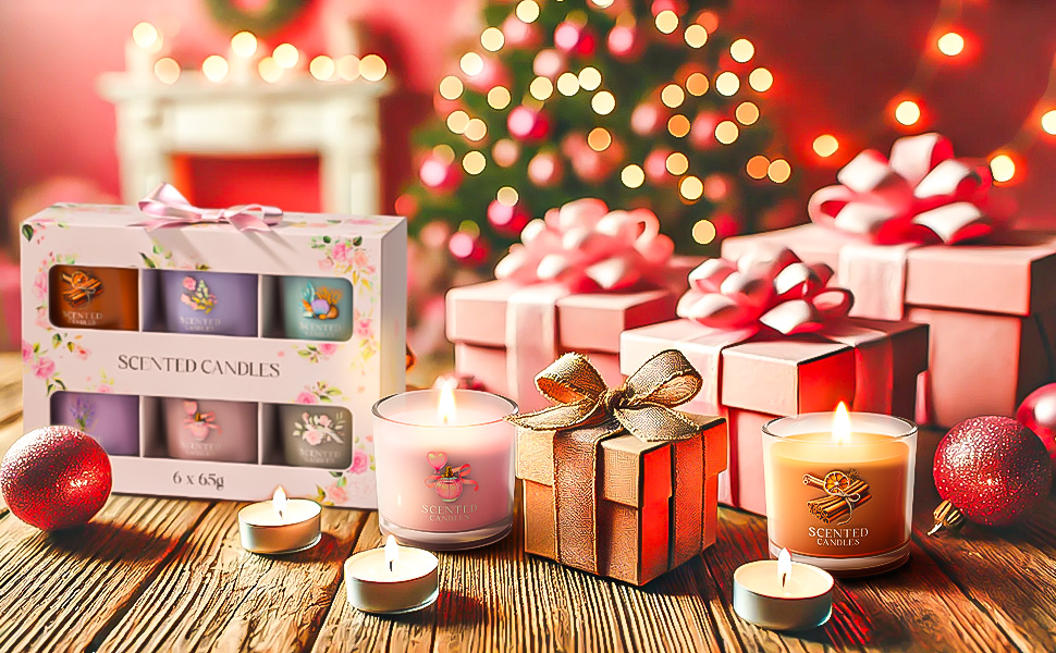 Holiday-themed display of scented candles and gift sets, featuring colorful packaging, Christmas decorations, and warm lighting.