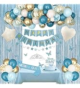 Blue Birthday Decorations for Women Girls, Light Dusty Blue White Sand Foil Balloons Table Cloth ...