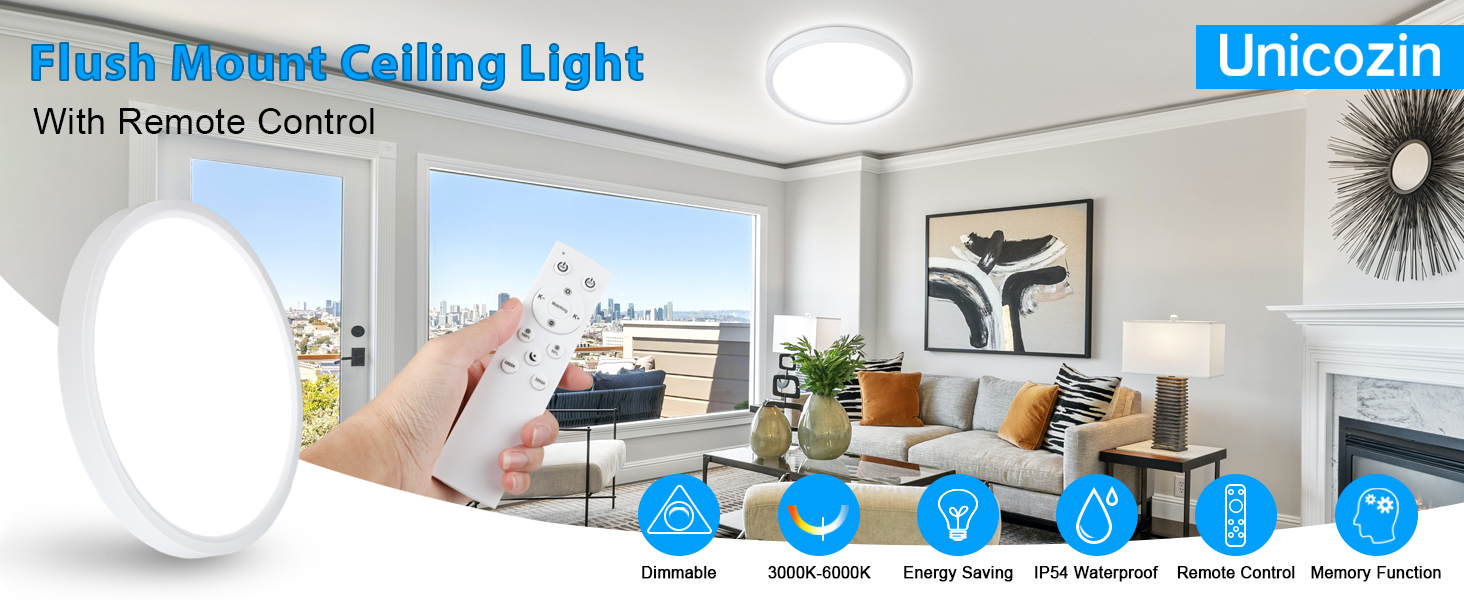 Unicozin Dimmable Ceiling Light with Remote Control, 8.7Inch 18W 3000K-6000K Light Color Adjustable