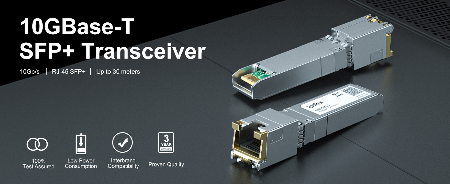 10GBase-T SFP+ Transceiver modules. Two silver rectangular devices shown with product specifications. Icons indicate compatibility with various connection types and performance features.