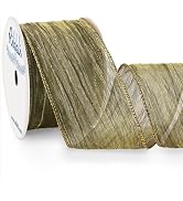 Ribbli Moss Green Crinkled Wired Ribbon 2.5 Inch with Gold Metallic Wavy Christmas Ribbon for Cri...