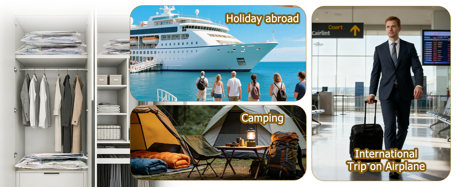 Vacuum storage bags for travel and home: cruise, airplane trips, camping, and wardrobe storage.