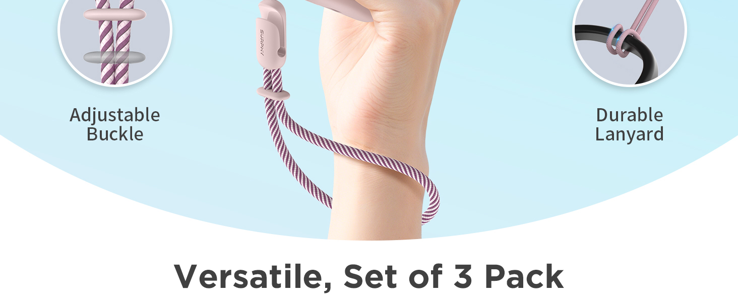 Text reads 'Adjustable Buckle', 'Durable Lanyard', and 'Versatile, Set of 3 Pack'. Product features diagram showing adjustable strap components.