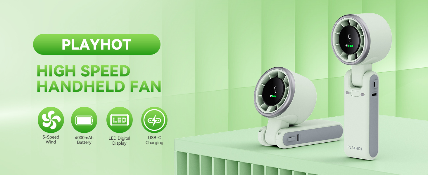 Green handheld fan rechargeable LED digital display 4000mAh personal fan mini fan USB C charging