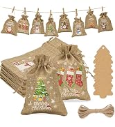 G2PLUS Christmas Drawstring Burlap Gift Bags, 24 Pack Christmas Advent Calendar Bags, 8 Designs M...