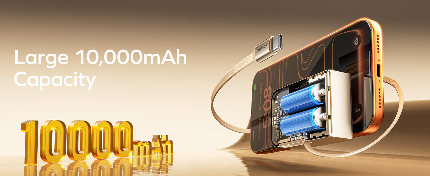 MOMAX 10000mAh Portable Charger Power Bank with Retractable Cable