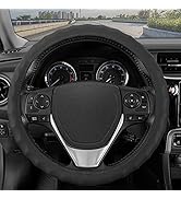 BDK Genuine Black Leather Steering Wheel Cover for Car, Medium (14.5" - 15.5") – Ergonomic Comfor...