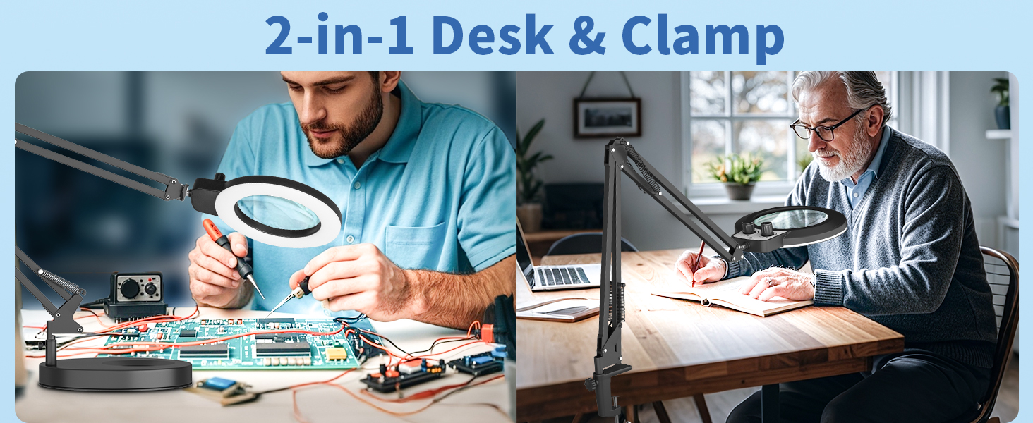2 in 1 desk and clamp magnifying glass with light and stand lighted magnifying glass magnifier