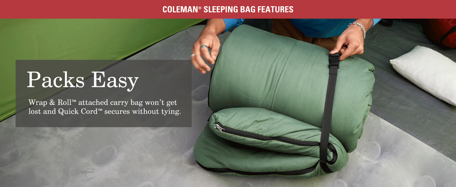 coleman sleeping bag features packs easy green straps clip rolls quick secure quick family kid