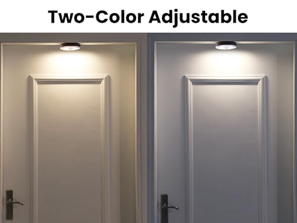 Two-color adjustable ceiling light shown above interior door. Left image displays warm light, right image shows cool light on white door.