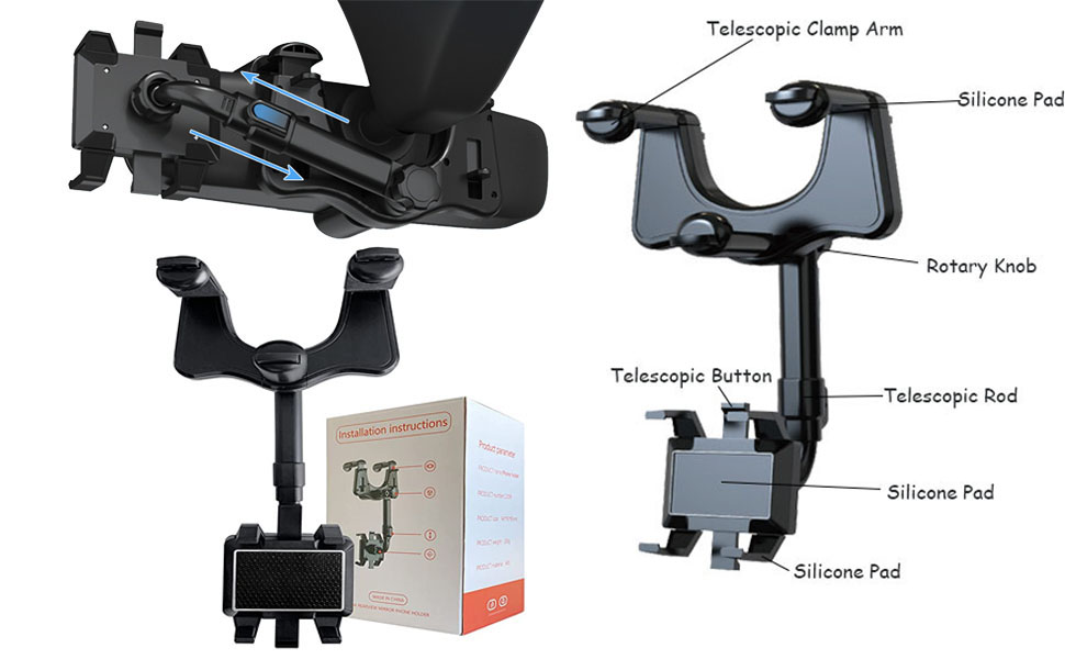 360°Rotatable and Retractable Car Phone Holder Car Rearview Mirror Bracket