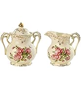 YOLIFE Ceramic Sugar and Creamer Set, Vintage Pink Rose Floarl Golden Leaves Edge Porlcelain Pitc...