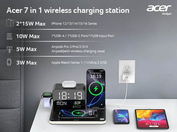 Acer 7 in 1 Wireless Charging Station with LED Night Light, Bluetooth Time Sync Clock