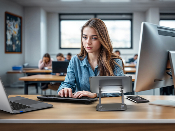 Woman working at computer in office setting. Desk has multiple devices. Background shows other people working, suggesting a shared workspace or classroom environment.