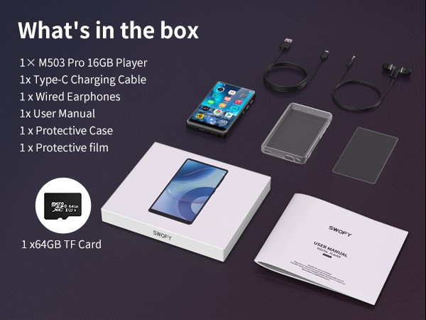 Product box contents display showing M503 Pro 16GB player, charging cable, earphones, protective case, film, and memory card laid out on dark surface.