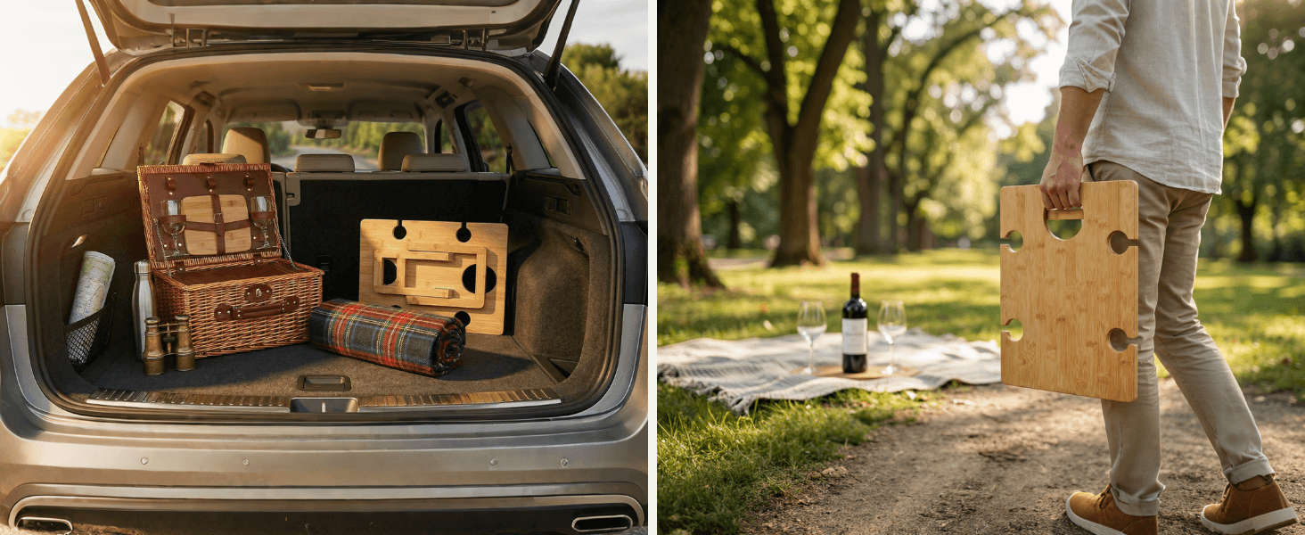 folded bamboo wine picnic table placed in a car trunk and being carried in one hand