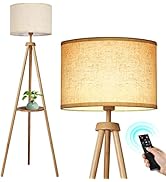 OUTON Wood Tripod Floor Lamp with Shelves, Mid Century Floor Lamp with Remote Control,4 Color Tem...