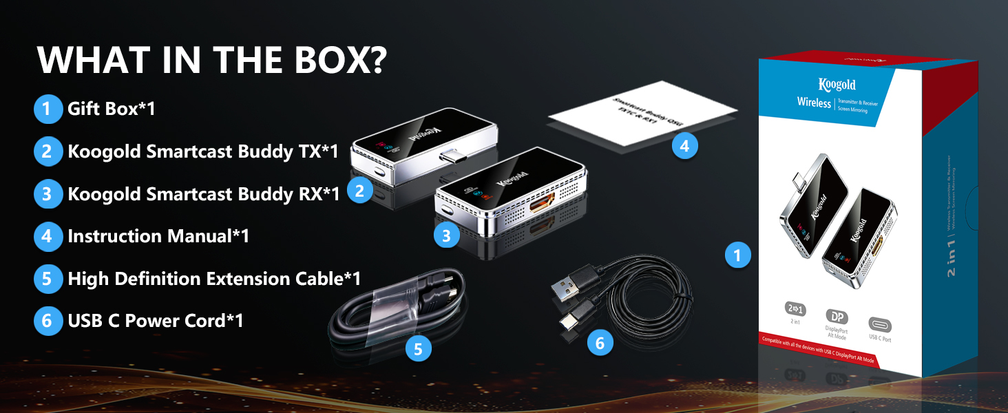 Complete Wireless HDMI Kit TX RX Antennas HDMI Cables USB Power Cord User Manual for Easy Setup