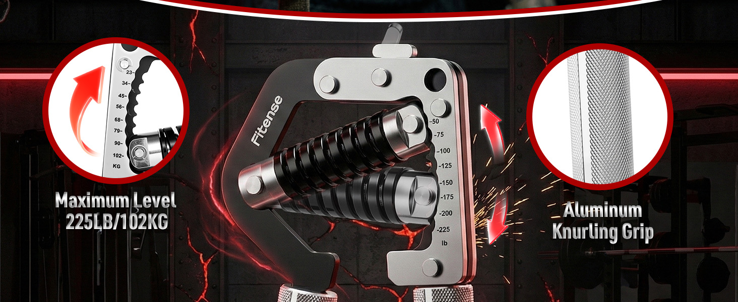 Text reads: 'Maximum Level 220/110/1000', 'Knurling Grip', 'Aluminum'. Technical product features highlighted in red circles showing metal components and grip details.