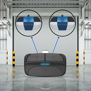 Two buttons, able to control two garage doors with one remote.