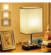lifeholder Fully Dimmable Nightstand Lamp for Bedroom with AC Outlet, Table Lamp with Two Phone S...