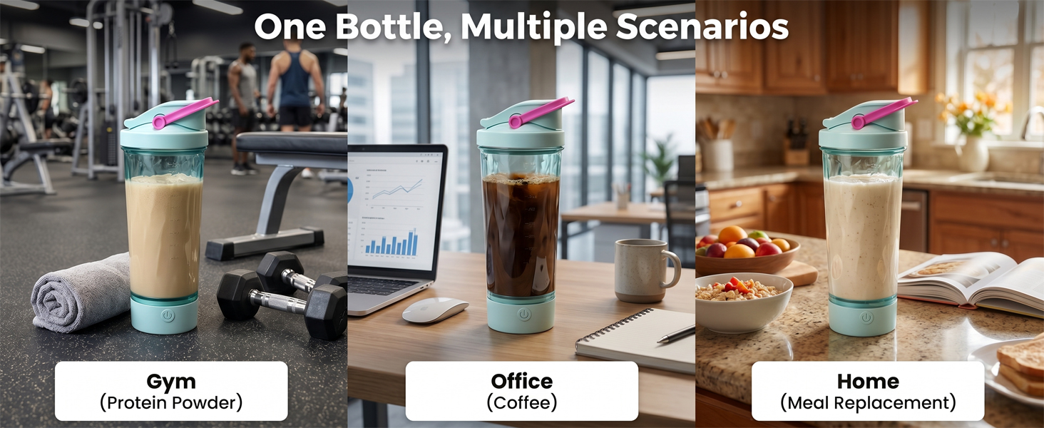 Electric shaker bottle used at gym, office, and home for protein powder, coffee, and meal drinks.