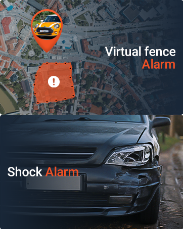 Text reads 'Virtual fence Alarm' and 'Shock Alarm'. Image shows orange beacon device on map and car with security system, demonstrating perimeter alert features.