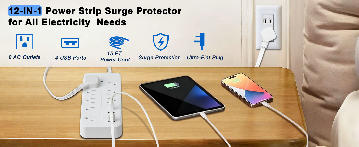 Long Cord Surge Protector Power Strip 12 15 FT feet foot Extension Cord indoor