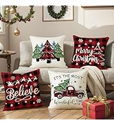 Ni-JASW Farmhouse Truck Trees Christmas Throw Pillow Covers 18x18 inch, Merry Christmas Believe R...