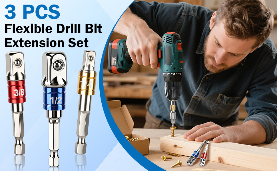3-Piece Impact Grade Socket Adapter/Extension Set Turns Power Drill Into High Speed Nut Driver