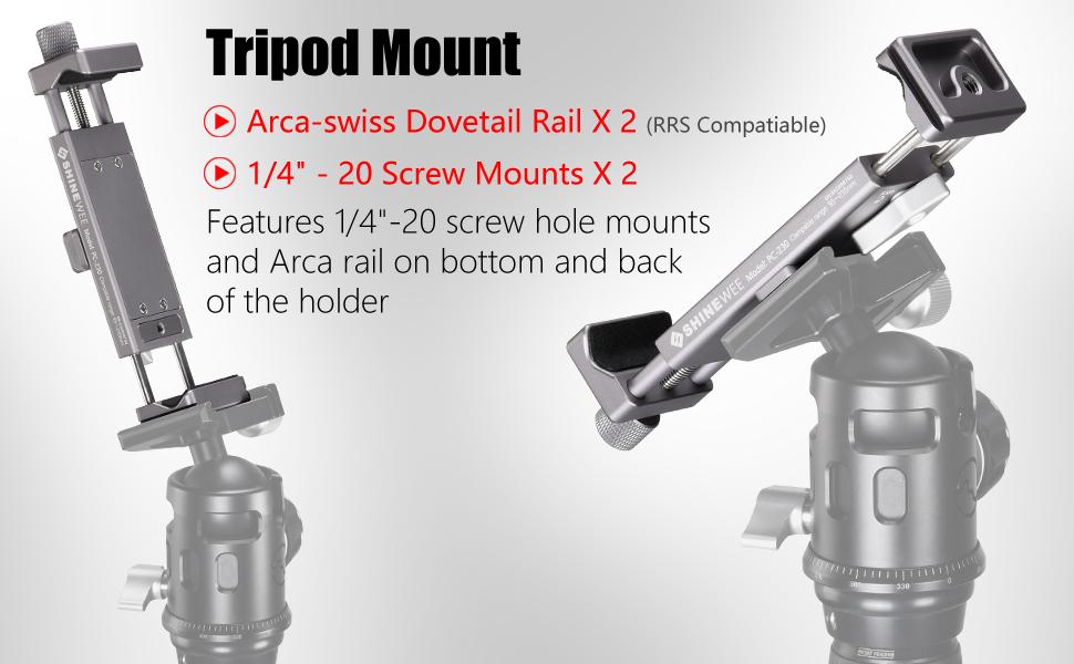 Features 1/4"-20 screw hole mounts and Arca rail on bottom and back of the holder