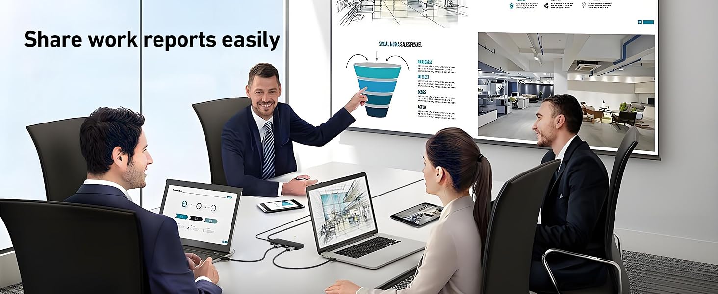 Business meeting scene showing professionals discussing presentation materials displayed on multiple screens in a modern conference room setting.