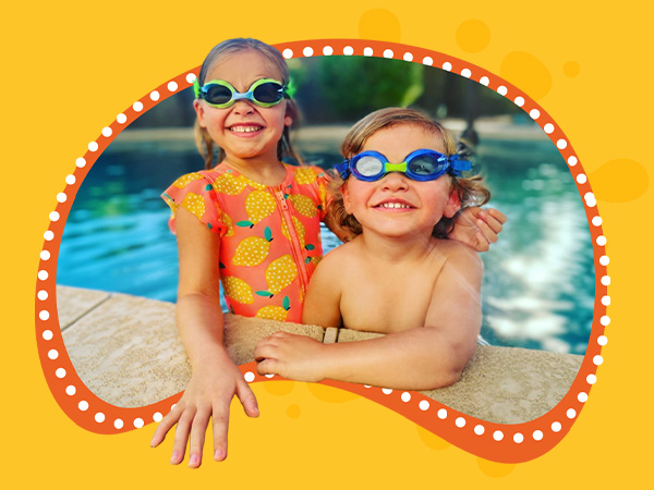 Two children in a pool wearing youth swim masks with wide clear lenses
