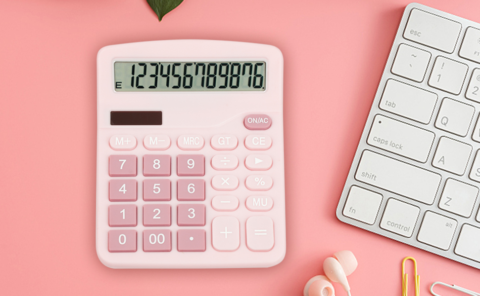 Cute pink calculator on the desktop